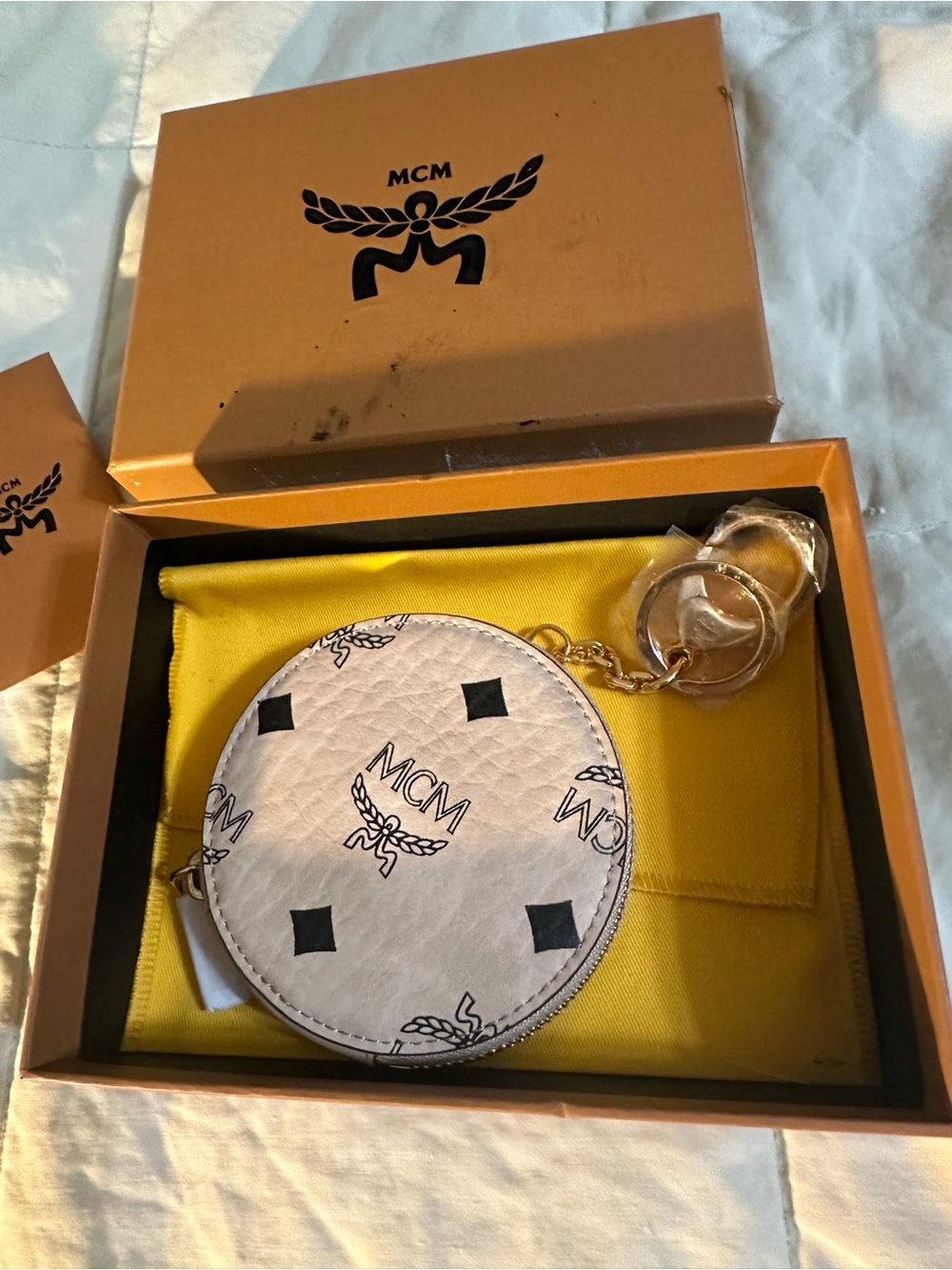 MCM Women's White Logo Coin Pouch Keychain